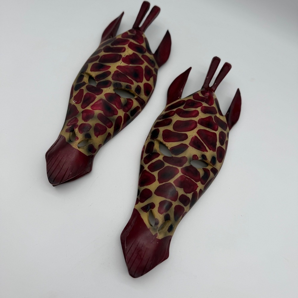 Vintage African Inspired Giraffe Mask Wall Decor Set of 2 Burgundy Animal Print
